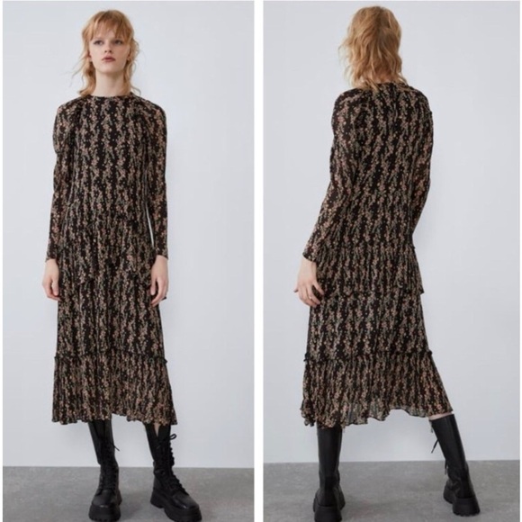 Zara Black Floral Pleated Ruffle Midi Maxi Dress Bloggers Fave Bohemian Crinkle - Picture 16 of 17